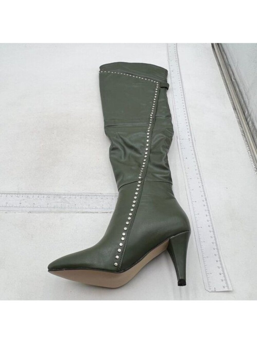 Womens Knee High Boots Wide Calf Kitten Heel Pointed Toe Green Long Boots